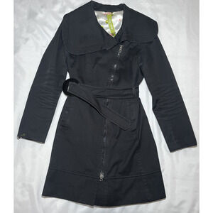 Soia & Kyo Long Trench Pea Coat Black Belted Size M Women Full Zip Lined Twill